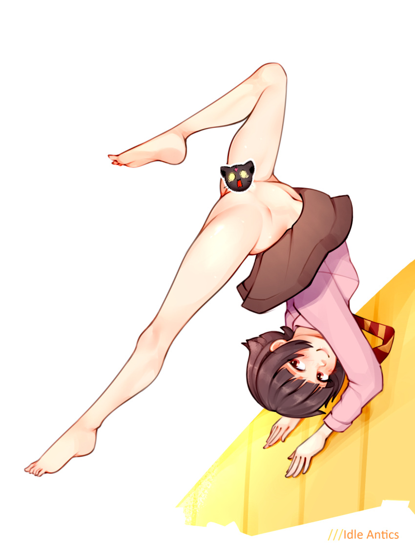 1girl arched_back artist_name barefoot black_hair black_skirt blush bottomless breasts censored chomusuke closed_mouth gymnastics highres idle_antics kono_subarashii_sekai_ni_shukufuku_wo! looking_at_viewer megumin miniskirt navel necktie no_panties pink_shirt shirt skirt small_breasts smile striped_necktie upside-down white_background