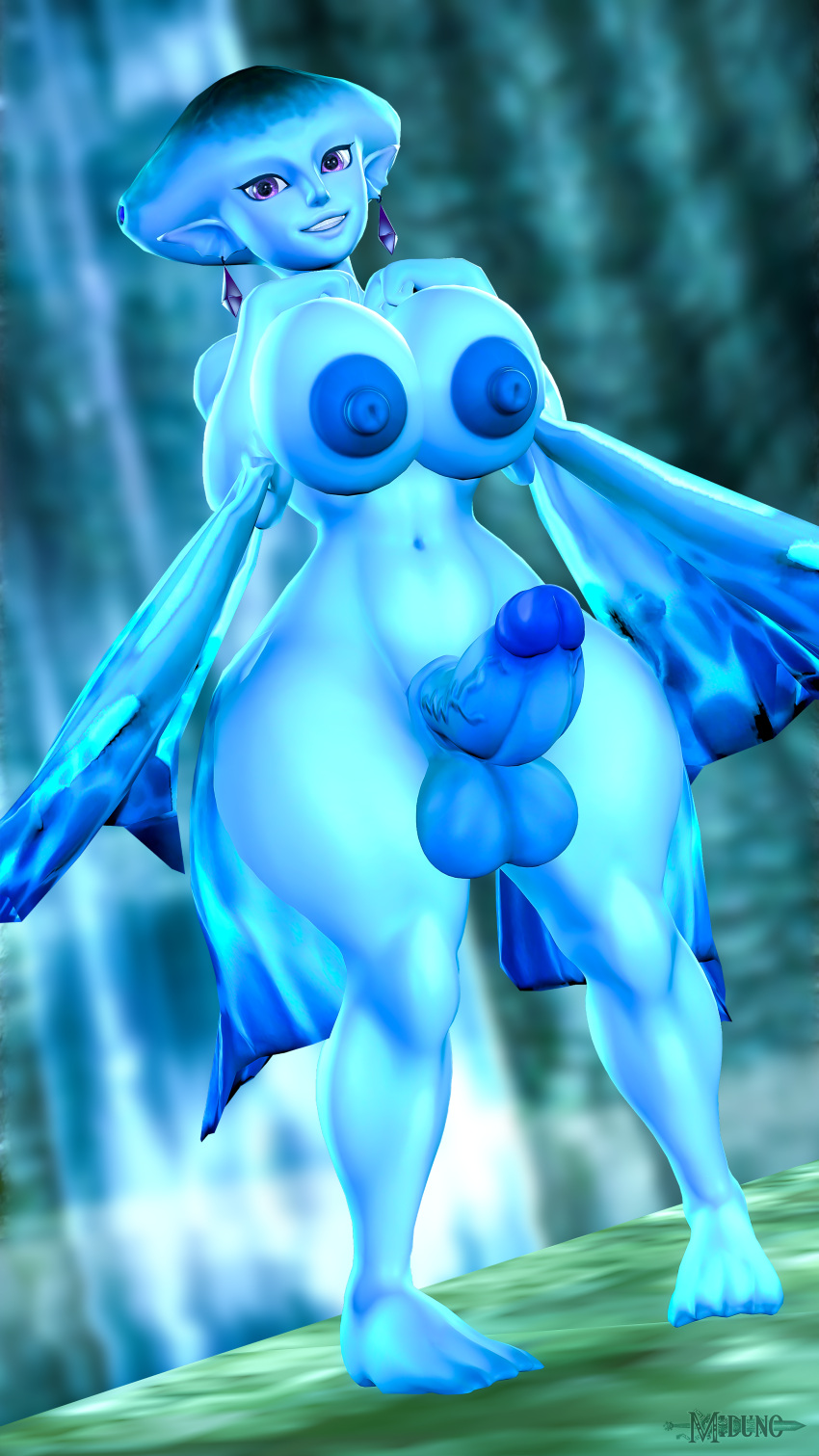 3d_(artwork) absurd_res animal_humanoid anthro balls big_balls big_breasts big_butt big_penis breasts butt digital_media_(artwork) fish fish_humanoid genitals gynomorph hi_res humanoid intersex marine marine_humanoid mature_gynomorph mature_intersex miduno nintendo ocarina_of_time penis princess_ruto smile solo source_filmmaker the_legend_of_zelda thick_thighs waterfall wide_hips zora