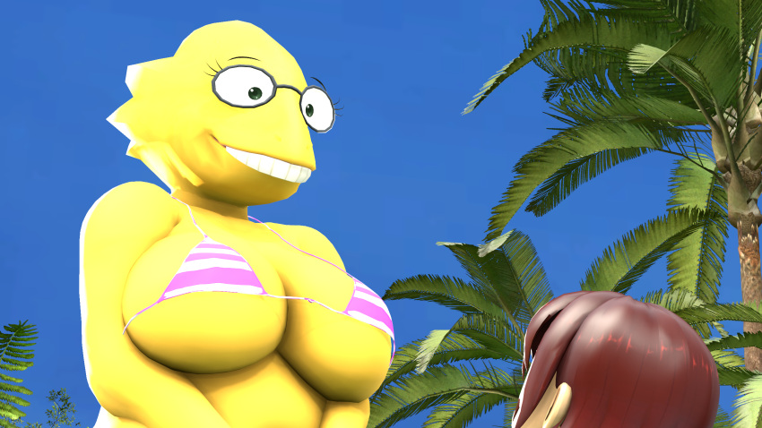 16:9 3d_(artwork) age_difference alphys anthro beach big_breasts bikini boss_monster bovid breasts caprine clothing daemont92 digital_media_(artwork) duo eyewear female frisk_(undertale) glasses hi_res human looking_at_another looking_down male male/female mammal older_female palm_tree pangolin plant reptile scalie seaside smile source_filmmaker swimwear tree under_boob undertale undertale_(series) widescreen younger_male