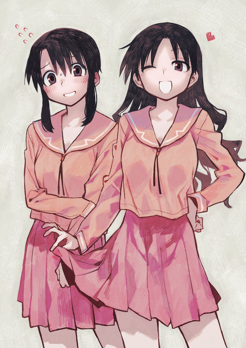 2girls azumanga_daioh brown_eyes brown_hair clothes_lift embarrassed grey_background heart highres jacket kitaya kurosawa_minamo lifted_by_self long_hair long_sleeves multiple_girls one_eye_closed pink_skirt red_jacket school_uniform serafuku skirt skirt_lift smile tanizaki_yukari