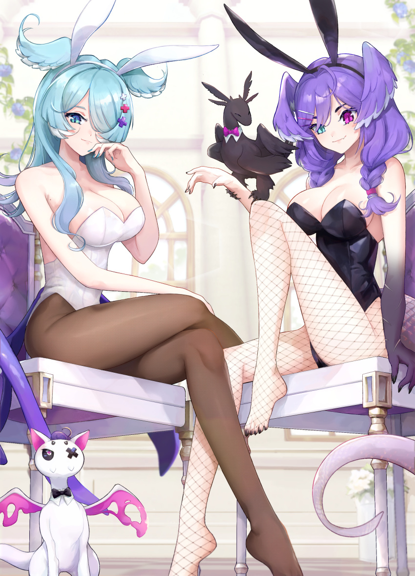 2girls absurdres animal_ears aqua_eyes aqua_nails black_leotard blue_hair braid breasts cleavage dragon_girl dragon_tail elira_pendora ember_(selen_tatsuki) fake_animal_ears feet fishnet_pantyhose fishnets hair_over_one_eye head_wings heterochromia highres knee_up large_breasts legs leotard long_hair looking_at_viewer low_twin_braids low_wings mole mole_on_armpit multiple_girls nail_polish nelly_(altsarespicy) nijisanji nijisanji_en no_shoes pantyhose pikl_(elira_pendora) pink_eyes playboy_bunny purple_hair purple_nails rabbit_ears selen_tatsuki siblings sisters sitting smile tail toenail_polish toenails toes twin_braids virtual_youtuber white_leotard wings