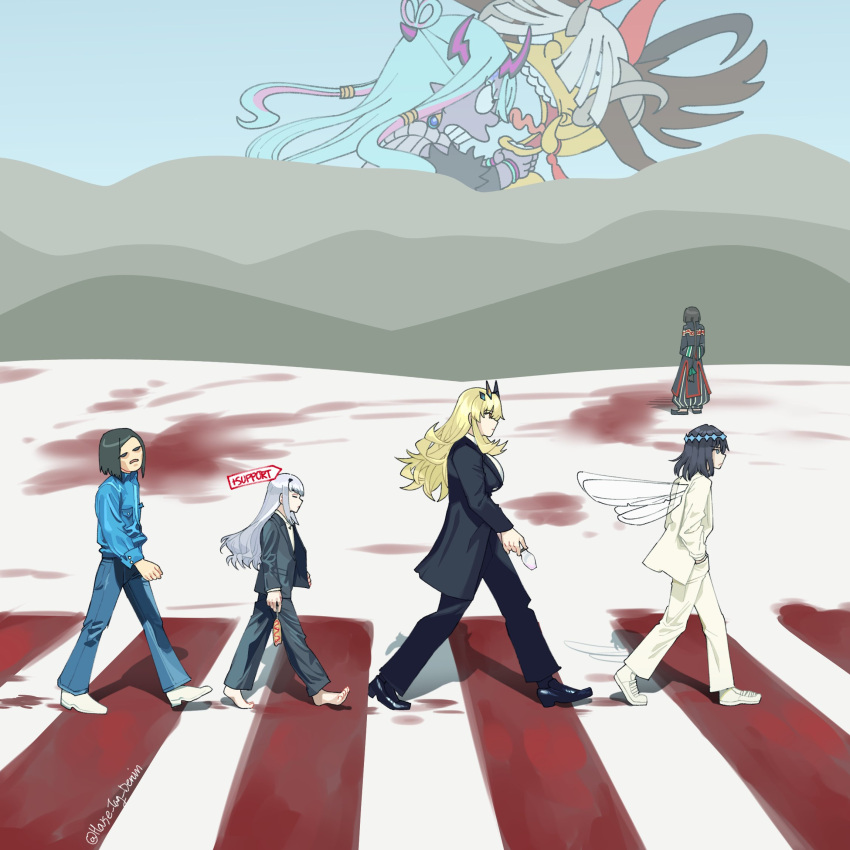 2girls 5boys abbey_road animal_ears arms_behind_back barefoot barghest_(fate) bart_simpson black_footwear black_hair black_robe black_suit blonde_hair blood blue_hair blue_pants blue_shirt breasts closed_eyes closed_mouth corn_dog fate/grand_order fate_(series) hands_in_pockets highres homer_simpson horns house_tag_denim ibuki_douji_(fate) insect_wings koyanskaya_(lostbelt_beast:iv)_(fate) large_breasts melusine_(fate) multicolored_hair multiple_boys multiple_girls oberon_(fate) oberon_(third_ascension)_(fate) open_mouth pants robe shirt strangling suit tai_gong_wang_(fate) the_beatles the_simpsons twitter_username white_footwear white_suit wings