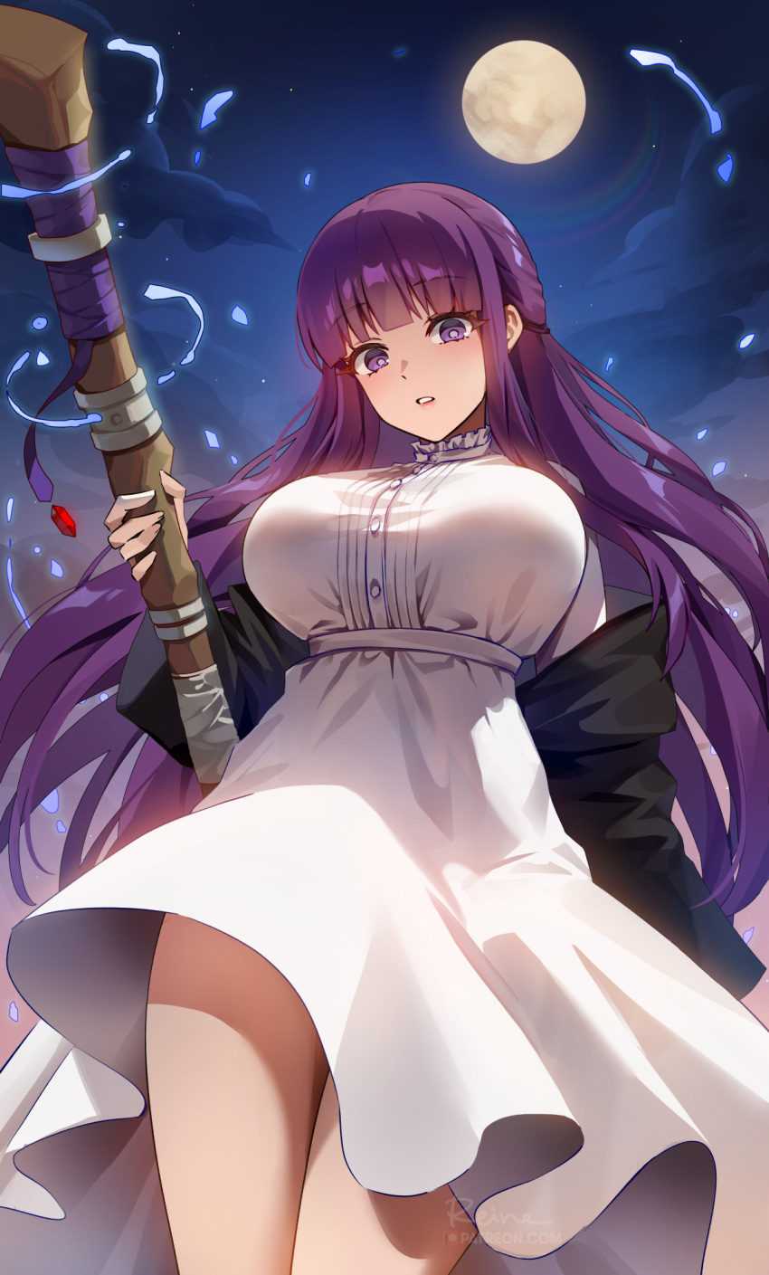 1girl black_coat blunt_bangs blush breasts cloud coat cowboy_shot dress fern_(sousou_no_frieren) foxyreine from_below full_moon highres large_breasts long_hair long_sleeves looking_at_viewer magic moon night night_sky off_shoulder open_clothes open_coat parted_lips purple_eyes purple_hair purple_pupils sidelocks sky solo sousou_no_frieren staff thighs watermark white_dress