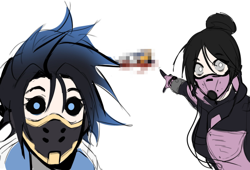 3girls animification apex_legends apex_voidshifter_wraith black_bodysuit black_hair black_sclera blood blue_hair bodysuit cable censored colored_sclera corpse dual_persona english_commentary family_guy_death_pose_(meme) gloves gradient_hair grey_sclera hair_between_eyes hair_bun highres looking_at_viewer meme mosaic_censoring multicolored_hair multiple_girls nsfwolf official_alternate_costume pink_gloves short_hair single_hair_bun sketch two_soyjaks_pointing_(meme) void_specialist_wraith wattson_(apex_legends) wide-eyed wraith_(apex_legends)