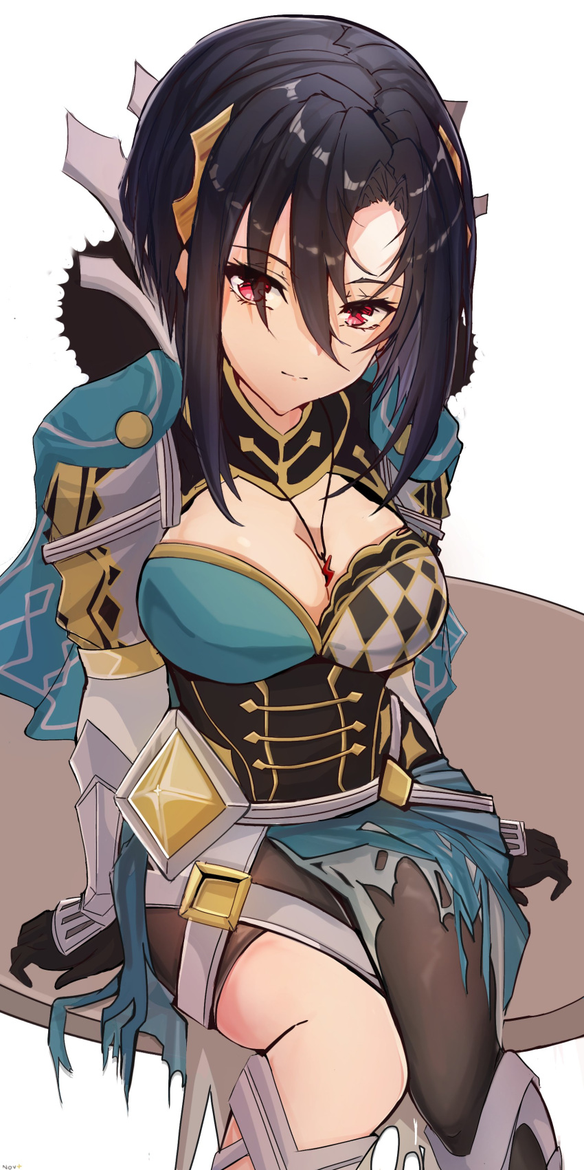 1girl absurdres armor asymmetrical_bangs asymmetrical_clothes black_gloves black_hair breasts cleavage cleavage_cutout closed_mouth clothing_cutout fire_emblem fire_emblem_engage gloves hair_between_eyes hair_ornament highres jewelry knees_together_feet_apart lightning_bolt_necklace lightning_bolt_symbol long_sleeves looking_at_viewer necklace nel_(fire_emblem) novembertimex on_table red_eyes short_hair sitting table torn_clothes white_background