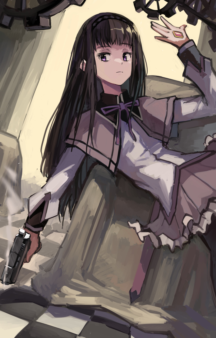 1girl absurdres akemi_homura arms_up capelet checkered_floor gears grey_capelet gun handgun highres holding holding_gun holding_weapon kornod long_hair mahou_shoujo_madoka_magica pointing pointing_down pointing_gun solo weapon