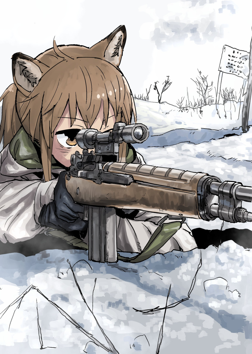 1girl absurdres aiming animal_ears bare_tree battle_rifle black_gloves brown_eyes brown_hair cat_ears cat_girl gloves gun highres hood hoodie jacket m14 original ponytail rifle scope sketch sling snow solo tree weapon white_hoodie white_jacket winter yihan_world