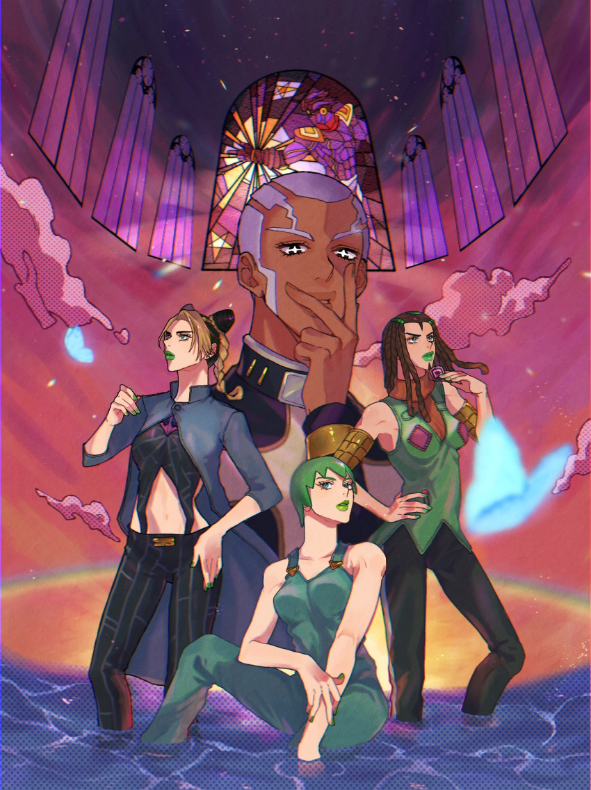 +_+ 3girls armlet black_hair blonde_hair bug butterfly church cloud cone_hair_bun dark-skinned_male dark_skin double_bun dreadlocks enrico_pucci ermes_costello foo_fighters green_eyes green_hair green_lips green_nails green_overalls hair_bun highres jojo_no_kimyou_na_bouken kujo_jolyne long_coat multicolored_hair multiple_girls omuomu_06 partially_submerged priest rainbow sleeveless sleeveless_turtleneck spider_web_print stained_glass star-shaped_pupils star_(symbol) star_platinum stone_ocean symbol-shaped_pupils turtleneck two-tone_hair vest white_hair