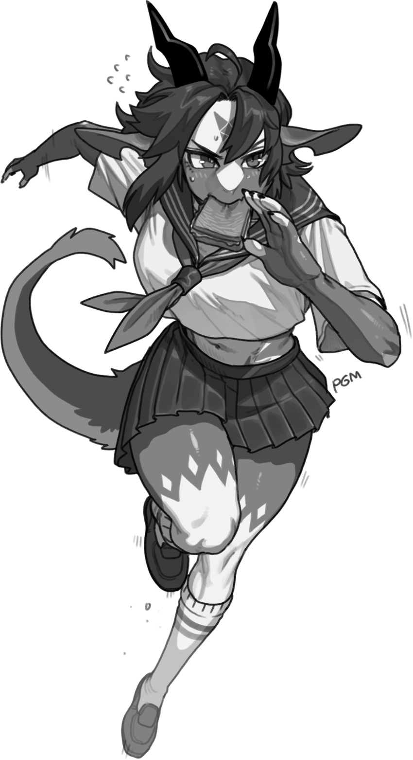 2023 anthro black_hair bottomwear chabett clothing dragon eyebrows female food footwear fur furred_dragon hair hi_res horn midriff monochrome mouth_hold navel pgm300 running sandwich_(food) school_uniform shoes short_hair skirt socks solo topwear uniform wingless_dragon