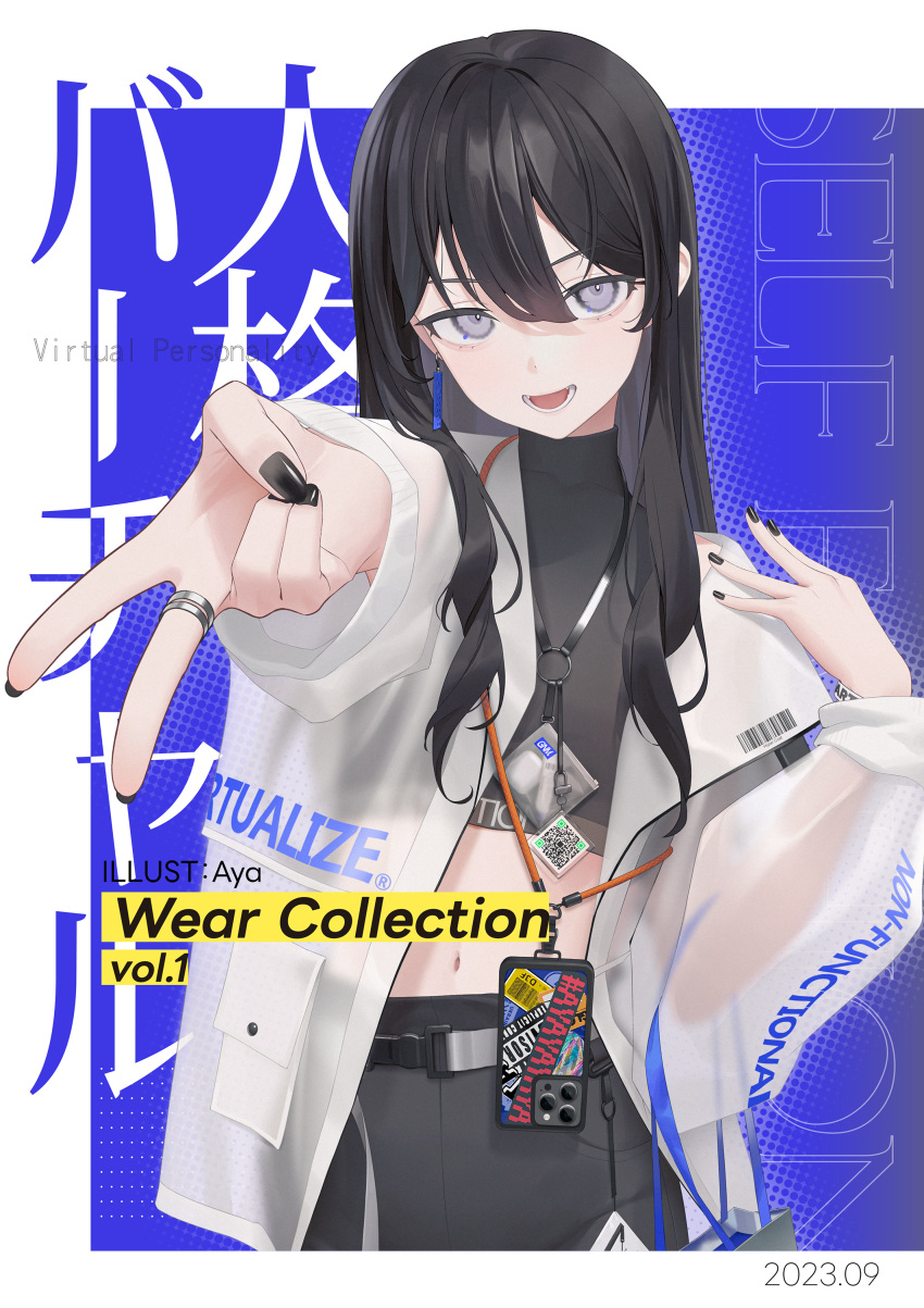 1girl absurdres aya_(lezon) barcode belt black_hair black_nails black_pants cellphone crop_top earrings grey_eyes highres jacket jewelry long_hair looking_at_viewer midriff nail_polish navel necklace open_mouth original outstretched_arm pants phone qr_code single_earring smartphone solo v white_jacket