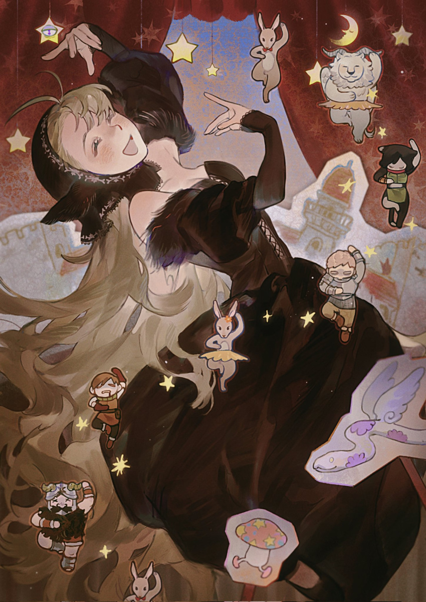 2girls 3boys animal_ears ballerina beard black_dress black_fur black_hair blonde_hair blood blood_from_mouth breasts brown_hair cat_ears cat_girl cat_tail chilchuck cleavage closed_eyes dancing death dress duanzhaorz dungeon_meshi facial_hair highres hood izutsumi laios_thorden marcille medium_breasts multicolored_fur multiple_boys multiple_girls mushroom mustache rabbit senshi_(dungeon_meshi) snake standing standing_on_one_leg star_(symbol) tail tutu white_fur winged_lion_(dungeon_meshi)