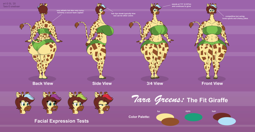 2020 abs anthro big_breasts big_butt blue_highlights bottomwear breasts brown_hair butt clothing color_swatch copyright_symbol digital_media_(artwork) english_text facial_expressions female footwear front_view fur giraffe giraffid green_eyes green_highlights hair hi_res highlights_(coloring) mammal model_sheet muscular muscular_anthro muscular_female navel purple_highlights rear_view red_highlights sandals satsumalord side_view solo spots spotted_body spotted_fur symbol tara_greens text thick_thighs three-quarter_view topwear
