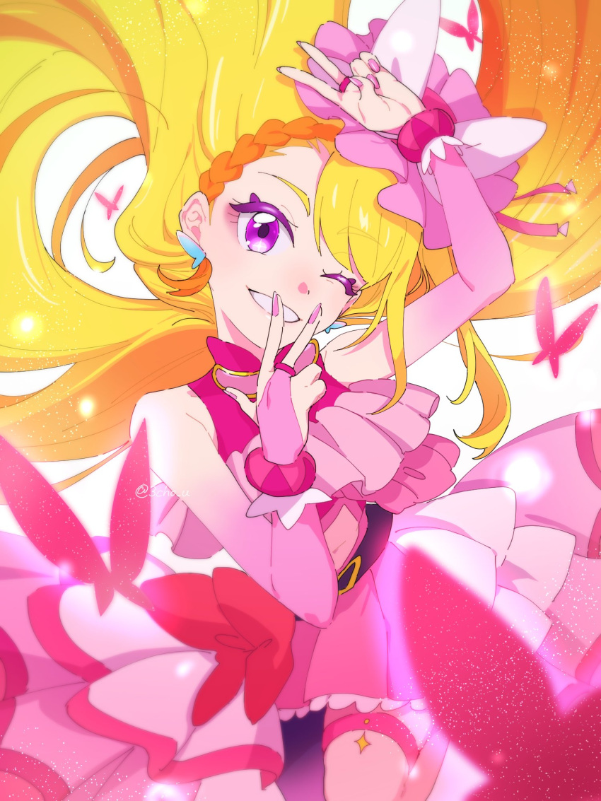 1girl 3cho asymmetrical_clothes asymmetrical_legwear bare_shoulders belt blonde_hair braid brown_hair butterfly_earrings commentary_request cure_butterfly earrings eyelashes happy highres hijiri_ageha hirogaru_sky!_precure jewelry long_hair looking_at_viewer magical_girl midriff multicolored_hair navel one_eye_closed pantyhose pink_eyes pink_headwear pink_shirt pink_skirt precure shirt simple_background single_braid single_leg_pantyhose skirt smile solo streaked_hair two-tone_hair v white_background