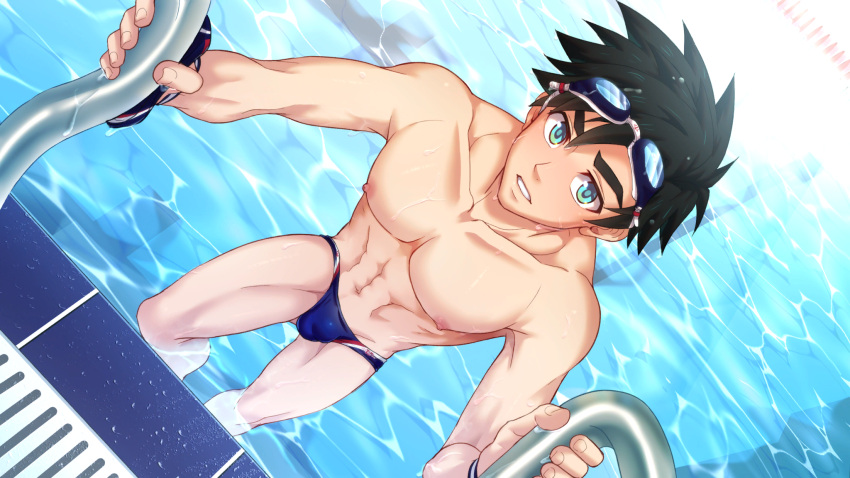 1boy abs avan_geiserford black_hair blue_eyes climbing_ladder collaboration goggles goggles_on_head highres jock_studio_(blits_games) looking_at_viewer male_focus male_swimwear mikkoukun nipples non-web_source parted_lips pool pool_ladder short_hair solo teeth water zamius