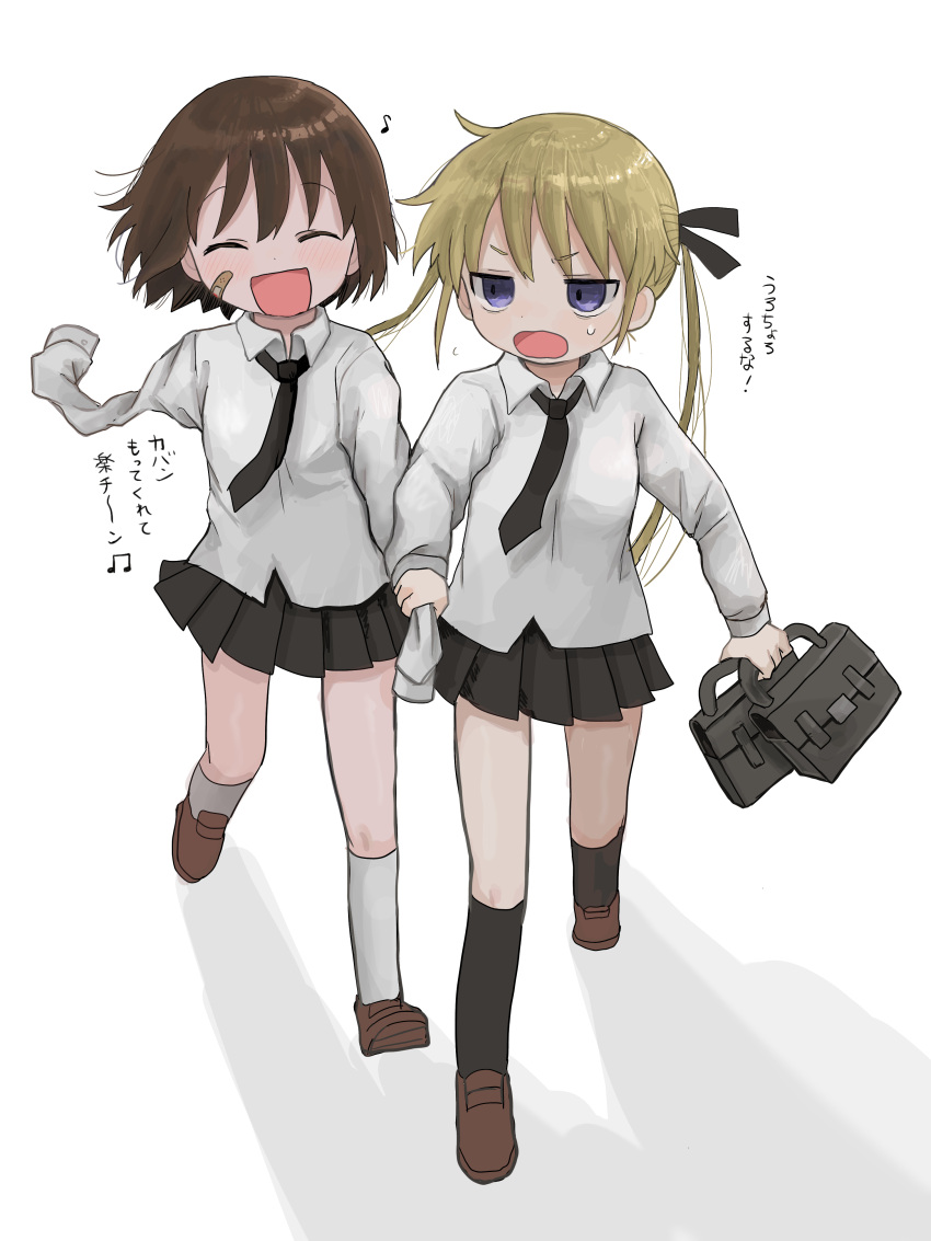 2girls ^_^ absurdres amputee armless_amputee bag bandaid bandaid_on_cheek bandaid_on_face black_ribbon black_skirt black_socks blonde_hair blush briefcase brown_footwear brown_hair closed_eyes clothes_grab collared_shirt commentary_request double_amputee floating_hair full_body hair_ribbon highres holding holding_bag jitome kill_me_baby kneehighs loafers looking_at_another looking_back multiple_girls musical_note open_mouth oribe_yasuna pleated_skirt pulling purple_eyes ribbon school_briefcase school_uniform shirt shoes simple_background skirt sleeve_grab smile socks sonya_(kill_me_baby) sweatdrop translation_request twintails v-shaped_eyebrows walking white_background white_shirt white_socks yasashii_naizou