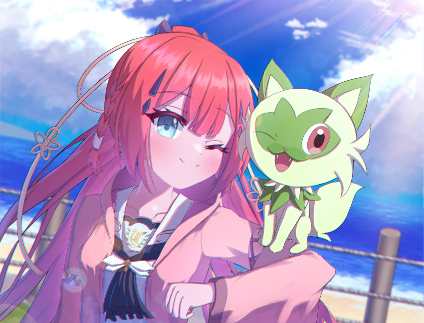 1girl aqua_eyes ascot blue_ascot blue_sky blunt_bangs blurry blush braid closed_mouth cloud commentary_request crossover depth_of_field dutch_angle eyelashes fangs hair_ornament hairclip hand_up happy highres japanese_clothes kamiyama_shiki kimono lens_flare long_hair long_sleeves looking_at_viewer ocean one_eye_closed open_clothes open_kimono outdoors pink_kimono pokemon pokemon_(game) pokemon_sv ponytail red_eyes red_hair sailor_collar school_uniform shiki_hamaguri shirt side_braid sky smile solo sprigatito straight_hair summer_pockets sunlight tassel tassel_hair_ornament upper_body very_long_hair white_sailor_collar white_shirt wide_sleeves yellow_tassel