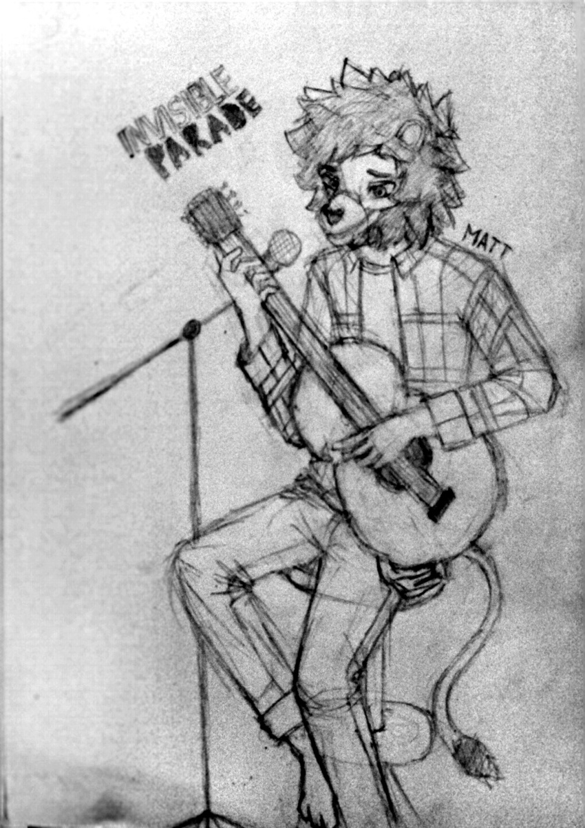 2023 anthro bottomwear clothed clothing felid fully_clothed greyscale grin guitar happy hi_res lion male mammal marrelbarrel matt_(scratch21) microphone monochrome musical_instrument pantherine pants plucked_string_instrument scratch21 shirt simple_background sitting smile solo string_instrument text topwear traditional_media_(artwork)