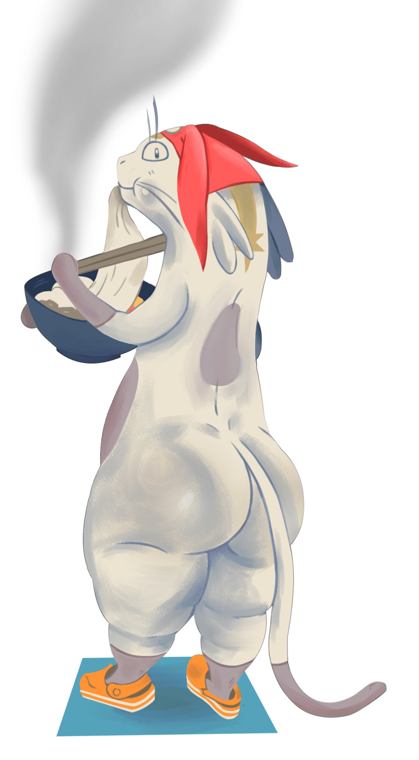 anthro betelgeusian big_butt bottom_heavy butt clothing eating eating_food felid feline food footwear fur hat headgear headwear hi_res lineless looking_at_viewer looking_back male mammal meow_(space_dandy) slightly_chubby solo space_dandy thael thick_thighs white_body white_fur wide_hips