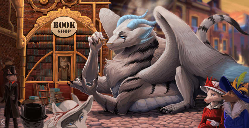 anthro book bookstore city cityscape cobblestone dragon eyewear feathers female feral fur furred_dragon glasses group hi_res horn legend_of_ahya llydia_the_fluff_dragon_(darkflamewolf) male mammal thesunset victorian wings