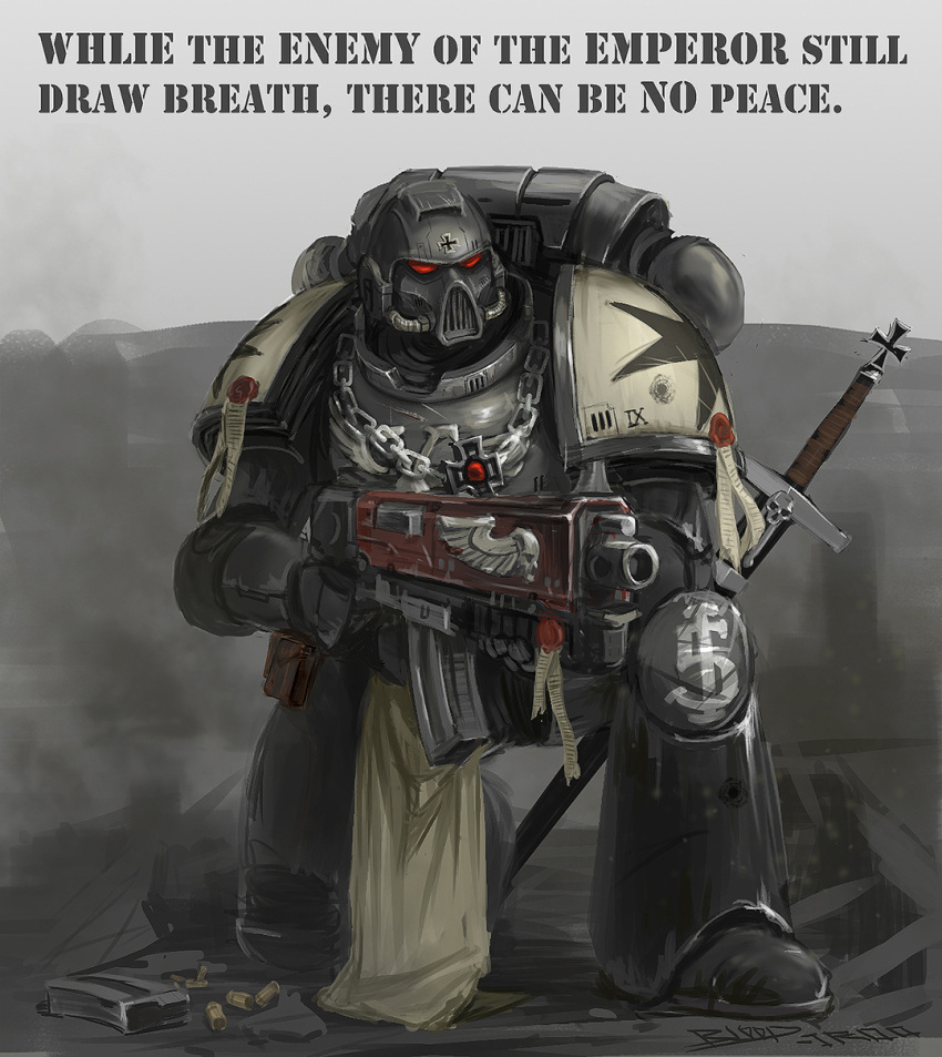 1boy adeptus_astartes armor black_templars bolter chain_necklace chinese_commentary commentary_request cross english_text facing_ahead full_armor gun highres holding holding_gun holding_weapon iron_cross jewelry magazine_(object) magazine_(weapon) male_focus necklace nn128841 on_ground on_one_knee pauldrons power_armor purity_seal red_eyes rifle roman_numeral science_fiction shell_casing shoulder_armor solo stencil_lettering sword warhammer_40k weapon