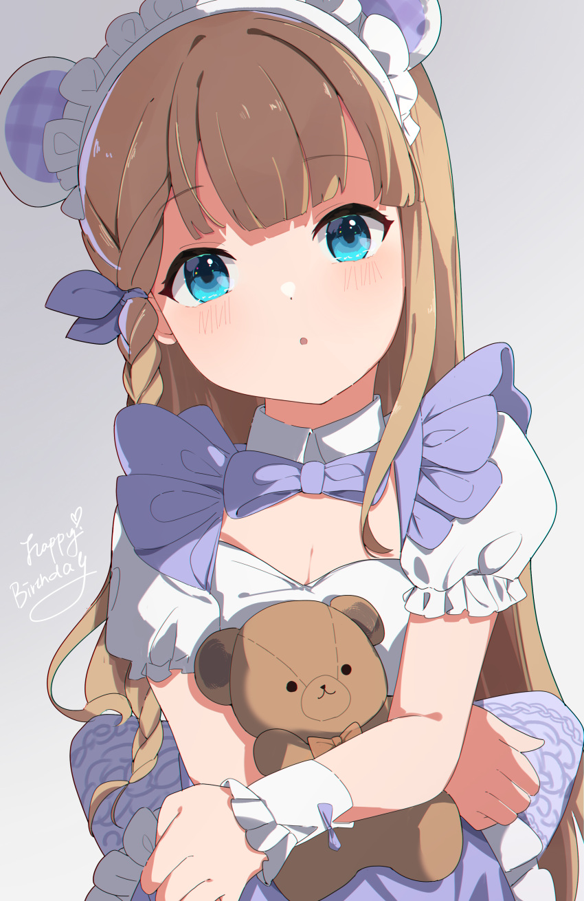 1girl :o absurdres animal_ears apron bear_ears blonde_hair blue_eyes blunt_bangs blush braided_sidelock breasts cleavage fake_animal_ears frilled_apron frills happy_birthday head_tilt highres hugging_object idoly_pride looking_at_viewer maid maid_headdress narumiya_suzu ooho0216 parted_lips purple_apron shirt shrug_(clothing) simple_background small_breasts solo stuffed_animal stuffed_toy sweatdrop teddy_bear waist_apron white_background white_shirt