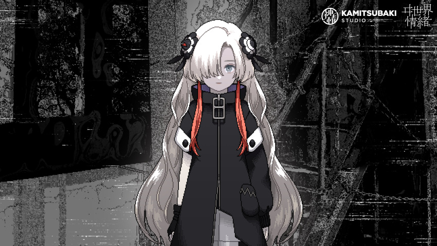 1girl arms_at_sides asymmetrical_sleeves black_coat black_flower black_gloves character_name closed_mouth coat commentary_request company_name cowboy_shot expressionless fingerless_gloves flower glitch gloves grey_eyes hair_flower hair_ornament hair_over_one_eye high_collar highres isekai_joucho kamitsubaki_studio long_hair looking_at_viewer lost_delusion_(utau) monochrome_background multicolored_hair narume one_eye_covered pixel_art red_hair shorts single_fingerless_glove solo standing straight-on streaked_hair uneven_sleeves very_long_hair virtual_youtuber wavy_hair white_hair white_shorts zipper zipper_pull_tab
