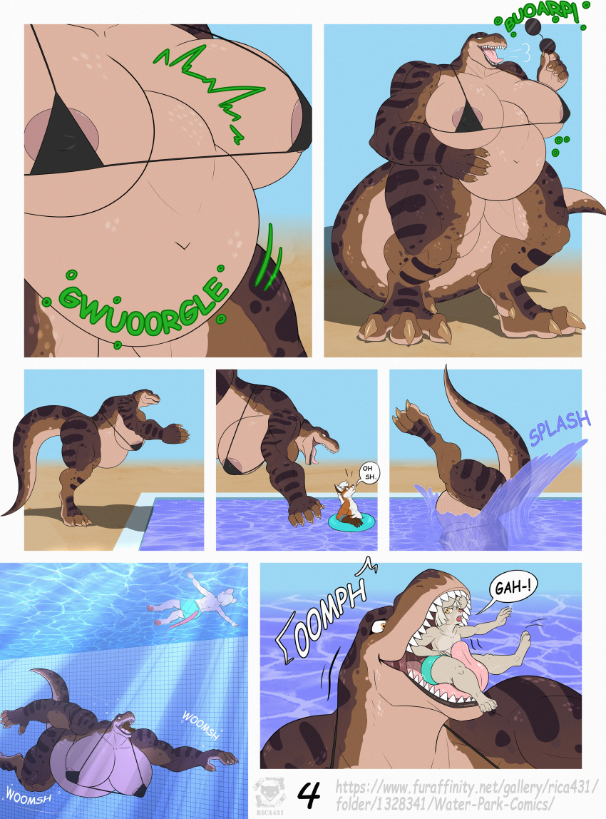 absurd_res anthro anthro_pred anthro_prey areola areola_slip belly_focus big_breasts big_feet big_hands bikini breasts brown_body burping canid canine clothing dialogue digestion digestion_noises digital_media_(artwork) dinosaur diving english_text eyewear feet female flotation_device fox hand_on_own_belly hi_res holding_eyewear holding_object holding_sunglasses huge_breasts in_mouth larger_female larger_pred male male/female male_prey mammal multiple_prey muscular muscular_anthro muscular_arms muscular_female muscular_thighs navel reaching_out reptile rica431 scalie sharp_teeth size_difference smaller_anthro smaller_prey speech_bubble sunglasses swimming swimming_pool swimwear teeth text theropod thick_thighs tyrannosaurid tyrannosaurus tyrannosaurus_rex underwater water