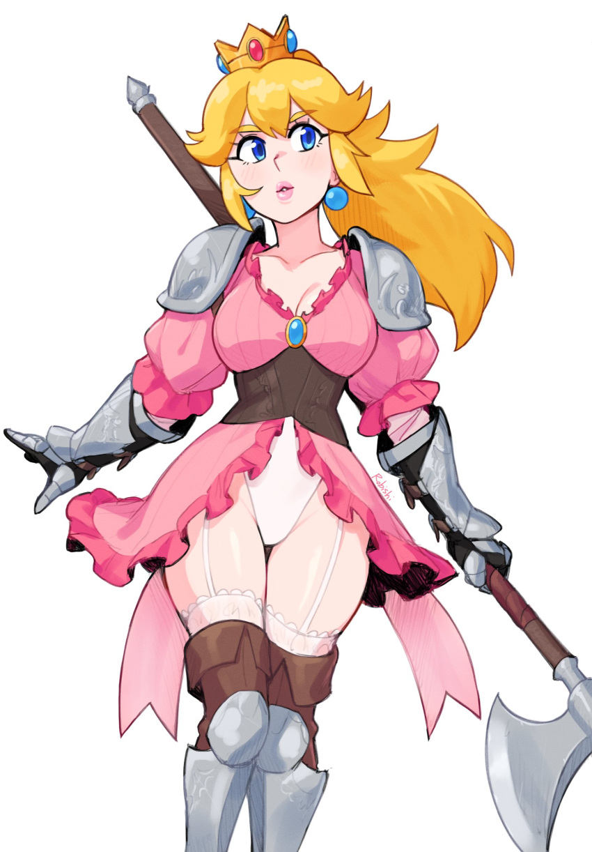 1girl alternate_costume blonde_hair blue_eyes breasts cleavage collarbone crown dress earrings feet_out_of_frame gauntlets gloves highres holding holding_weapon jewelry large_breasts layered_sleeves leotard long_hair long_sleeves looking_at_viewer mario_(series) parted_lips pink_dress ponytail princess_peach puffy_short_sleeves puffy_sleeves rob_ishi short_over_long_sleeves short_sleeves shoulder_plates standing weapon white_leotard