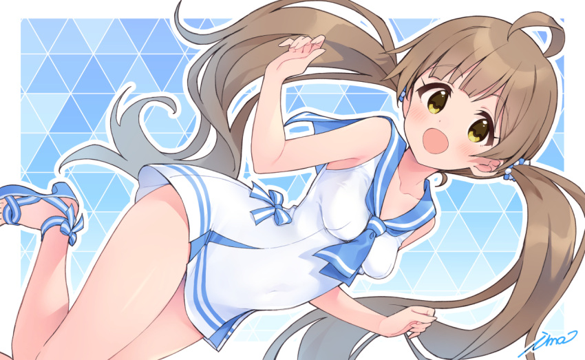 1girl ahoge blue_background blue_bow blue_footwear blue_neckerchief blue_sailor_collar blush bow breasts brown_hair collarbone commentary_request dot_nose hakozaki_serika hands_up idolmaster idolmaster_million_live! idolmaster_million_live!_theater_days ima_(lm_ew) leg_up legs long_hair looking_at_viewer neckerchief open_mouth sailor_collar sailor_swimsuit_(idolmaster) sandals small_breasts smile solo thighs twintails white_swimsuit yellow_eyes