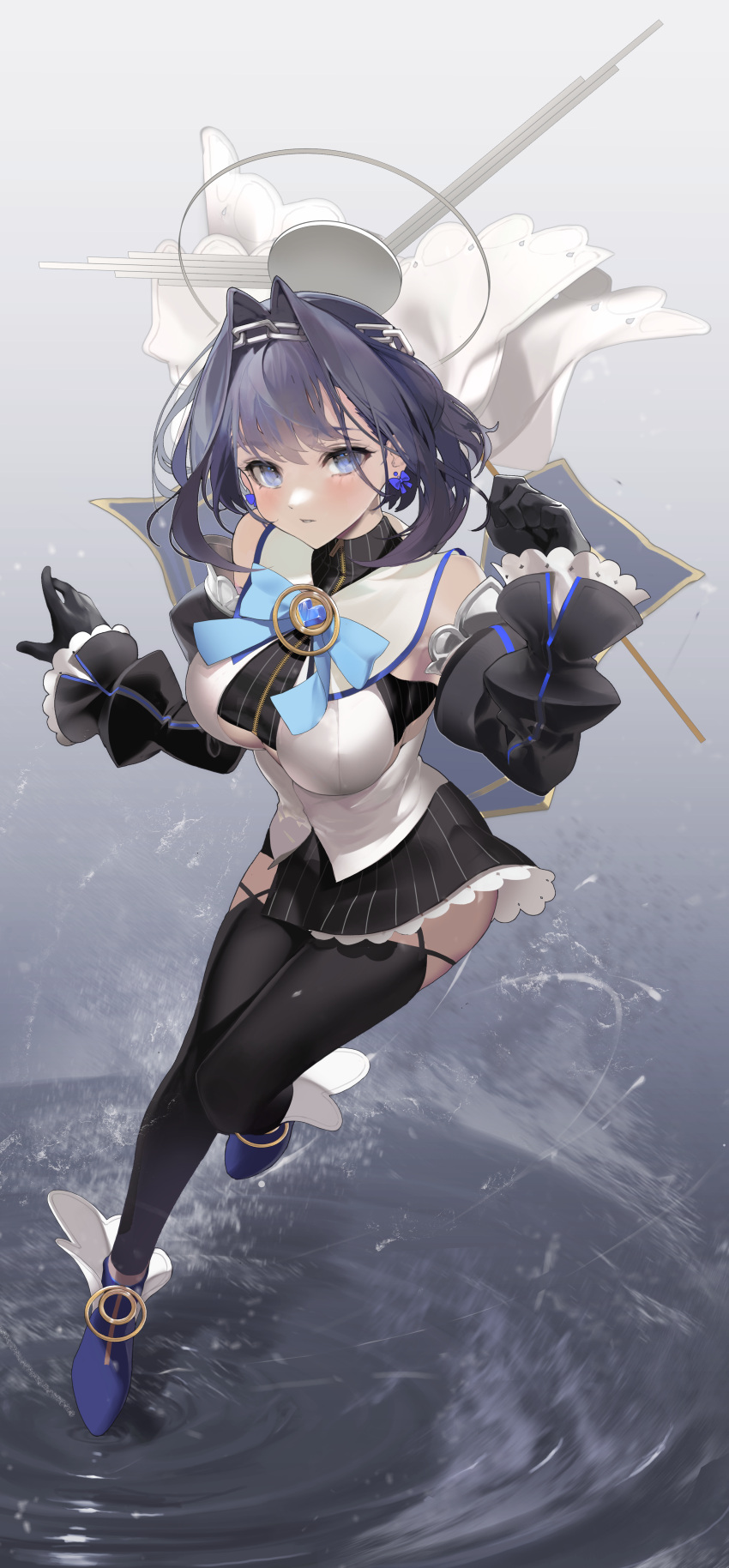 1girl absurdres amejaga asymmetrical_clothes black_gloves black_thighhighs blue_cape blue_hair blue_ribbon breasts cape chain cleavage_cutout clothing_cutout detached_sleeves gloves hair_intakes halo headband heart-shaped_gem high_heels highres hololive hololive_english large_breasts mechanical_halo micro_shorts miniskirt ouro_kronii ouro_kronii_(1st_costume) ribbon sailor_collar shirt short_hair shorts skirt sleeveless sleeveless_shirt solo sweater thighhighs turtleneck turtleneck_sweater underboob veil virtual_youtuber zipper