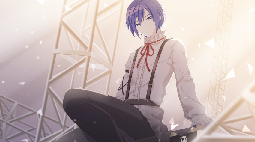 1boy 25-ji_kaito 25-ji_nightcord_de._(project_sekai) a_m_m_a arm_strap black_pants blue_eyes blue_hair blue_nails empty_eyes expressionless frilled_shirt frilled_shirt_collar frills highres kaito_(vocaloid) long_sleeves looking_at_viewer male_focus nail_polish pants project_sekai red_ribbon ribbon shirt short_hair sitting solo strap vocaloid white_shirt