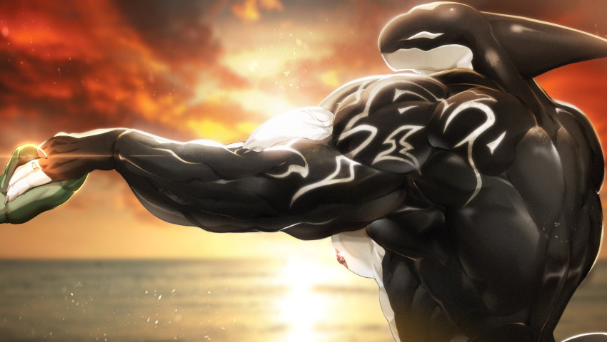 anthro cetacean clothed clothing digit_ring dolphin hand_holding hi_res jewelry magangz male mammal marine muscular muscular_anthro muscular_male nipples oceanic_dolphin offscreen_character orca pecs ring solo sunset toothed_whale topless wedding_ring