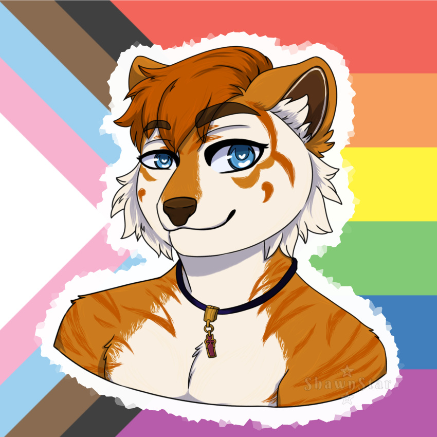 anthro blue_eyes brown_nose cheek_tuft facial_tuft felid fur hair hi_res inner_ear_fluff jewelry male mammal necklace orange_body orange_fur orange_hair pantherine progress_pride_colors progressive_pride_flag shawnstar solo solo_focus stripes tiger tuft white_body white_fur