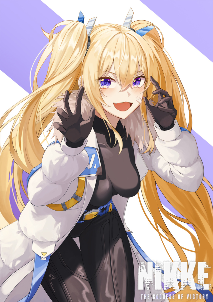 1girl :d bandaid bandaid_on_cheek bandaid_on_face black_bodysuit blonde_hair blue_eyes bodysuit breasts claw_pose coat copyright_name fang fur_collar goddess_of_victory:_nikke hands_up headgear highres laplace_(nikke) light_blush long_hair looking_at_viewer medium_breasts open_clothes open_coat open_mouth puffy_sleeves sidelocks smile solo thigh_gap twintails very_long_hair white_coat yt9676