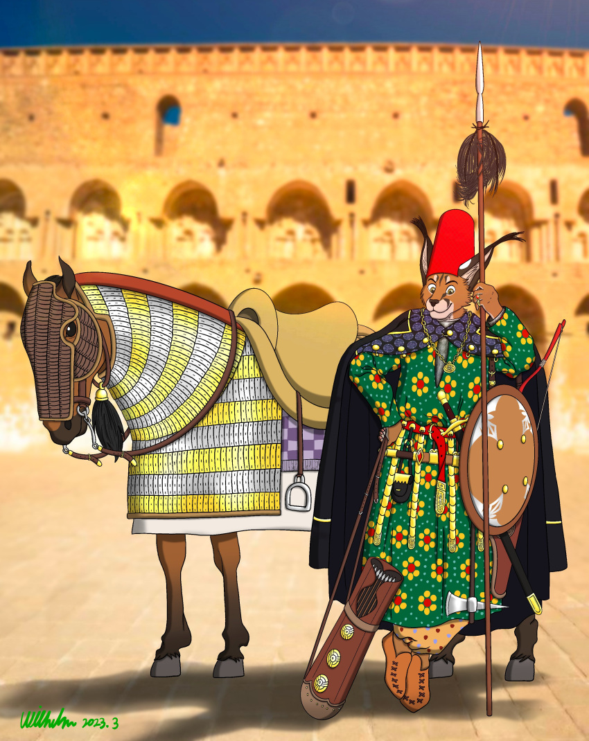 2023 absurd_res anthro arabian armor arrow_(weapon) black_nose bow_(weapon) brown_body brown_fur caracal caracal_(genus) clothed clothing equid equine felid feline feral fur hat headgear headwear hi_res holding_object holding_spear holding_weapon horse humanoid_hands male mammal melee_weapon ohs688 polearm ranged_weapon shield signature smile solo spear standing weapon