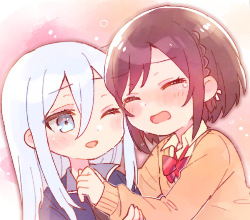 2girls ;d black_shirt blue_eyes blue_jacket blush_stickers bow braid brown_cardigan brown_hair cardigan closed_eyes collared_shirt crying diagonal-striped_bow grey_hair hair_between_eyes jacket long_hair long_sleeves multiple_girls one_eye_closed open_clothes open_jacket project_sekai puffy_long_sleeves puffy_sleeves red_bow shinonome_ena shirt sleeves_past_wrists smile sorimachi-doufu tears upper_body white_shirt yoisaki_kanade