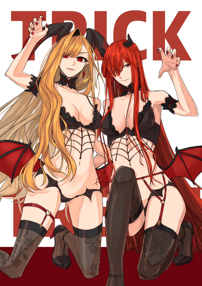 2girls artist_request black_horns blonde_hair breasts demon_horns demon_wings fate/grand_order fate/grand_order_arcade fate_(series) hair_over_one_eye highres horns large_breasts looking_at_viewer multiple_girls nero_claudius_(fate) oda_nobunaga_(fate) oda_nobunaga_(maou_avenger)_(fate) queen_draco_(fate) queen_draco_(third_ascension)_(fate) red_eyes red_hair white_background wings