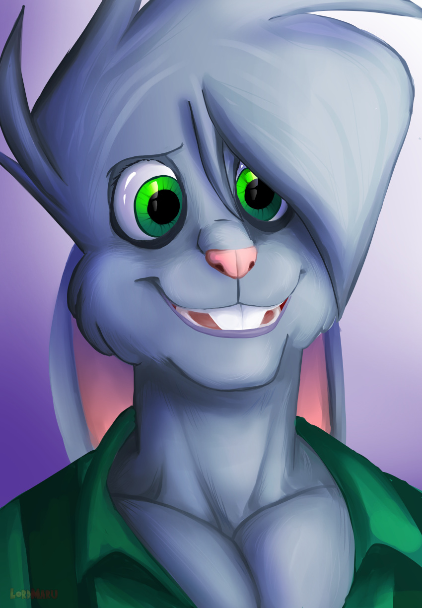 absurd_res anthro bright_eyes buckteeth chance_the_rabbit clothing digital_media_(artwork) digital_painting_(artwork) divine_acid ears_tied_back fur fur_texture gradient_background green_clothing green_eyes grey_body grey_fur hi_res illustration lagomorph leporid lordmarukio male mammal pecs rabbit realistic_shading simple_background smile solo teeth