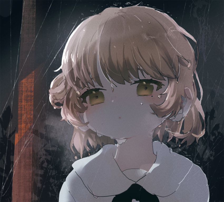 1girl alternate_costume black_ribbon blush brown_hair collared_shirt earclip film_grain green_eyes half-closed_eyes hatoba_tsugu headwear_removed highres leaf looking_at_viewer mole mole_under_eye neck_ribbon night outdoors parted_bangs parted_lips rain ribbon sailor_collar sha2mo shirt single_hair_ring solo tsugu_(vtuber) upper_body virtual_youtuber water_drop wet white_shirt