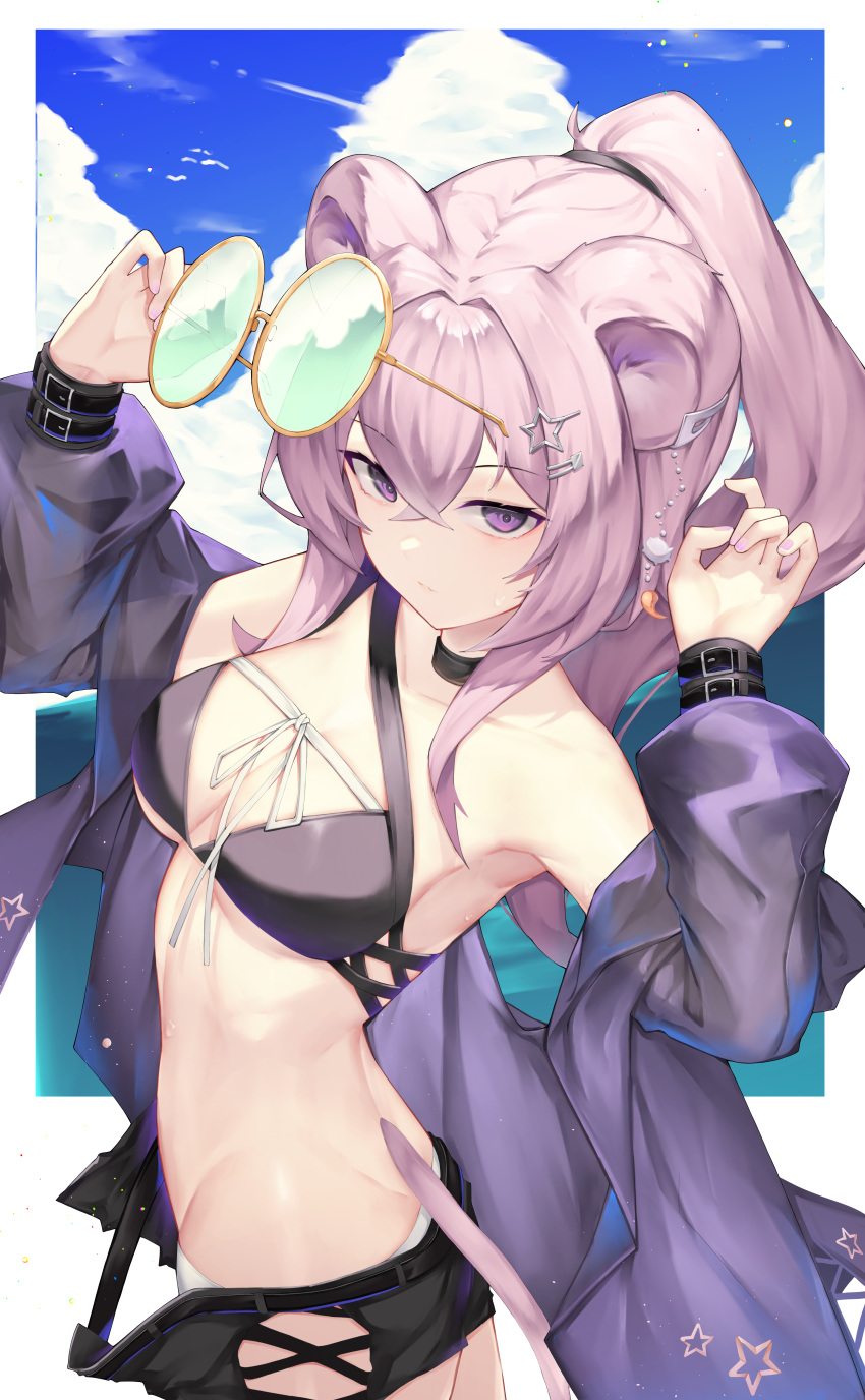 1girl absurdres animal_ears aoria arknights armpits black_collar blue_sky breasts cleavage cloud cloudy_sky collar day earrings green-tinted_eyewear hair_between_eyes hair_ornament hairclip highres holding holding_eyewear jewelry lin_(arknights) long_hair looking_at_viewer mouse_ears mouse_girl mouse_tail outdoors pink_hair ponytail purple_eyes revision sky small_breasts solo star_(symbol) star_hair_ornament sunglasses swimsuit tail tinted_eyewear