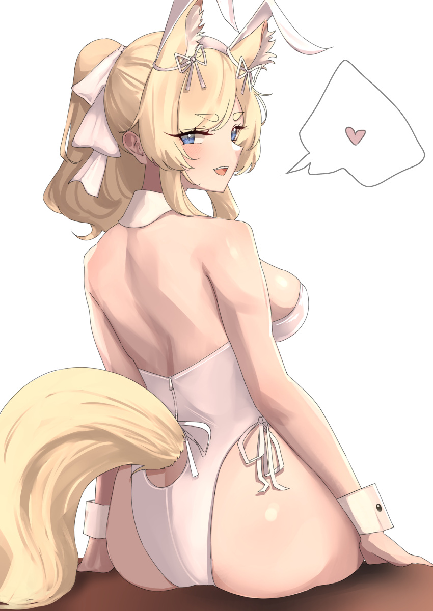 1girl 360_(taiyo360) :d absurdres animal_ears arknights ass back bare_shoulders blonde_hair blue_eyes breasts heart highres horse_ears horse_girl horse_tail long_hair looking_at_viewer open_mouth playboy_bunny ponytail sitting smile solo spoken_heart tail teeth whislash_(arknights) wrist_cuffs