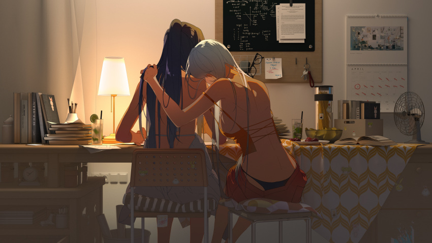 2girls absurdres back bare_back bare_shoulders book book_stack bowl calendar_(object) chair chalkboard couple cup dark_background desk food glasses graveyard233 hair_down hand_on_another's_shoulder highres honkai_(series) honkai_impact_3rd key kiana_kaslana lamp leaning_on_person long_hair multiple_girls note open_book paper pencil_case pile_of_books plate purple_hair raiden_mei sitting studying underwear white_hair yuri