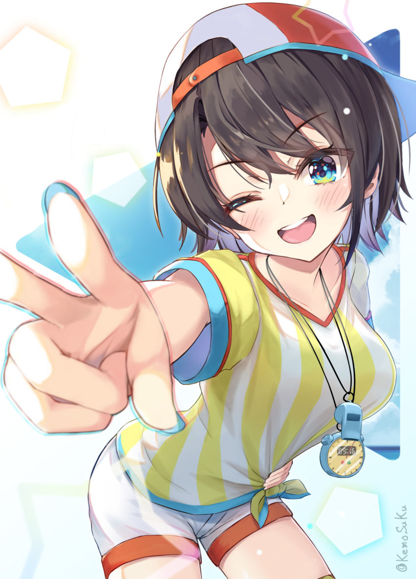 1girl absurdres backwards_hat baseball_cap black_hair blue_eyes blue_nails breasts collarbone hat highres hololive keesuke_(kkosyoku) one_eye_closed oozora_subaru oozora_subaru_(1st_costume) open_mouth pentagon_(shape) shirt short_hair shorts star_(symbol) stopwatch stopwatch_around_neck striped striped_shirt tied_shirt twitter_username v vertical-striped_shirt vertical_stripes virtual_youtuber whistle whistle_around_neck white_shirt white_shorts yellow_shirt