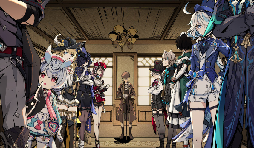 4boys 6+girls absurdres aether_(genshin_impact) ahoge animal_ears belt black_footwear black_gloves black_hair black_jacket black_shorts blonde_hair blue_eyes blue_hair boots bow brown_hair charlotte_(genshin_impact) chinese_commentary clorinde_(genshin_impact) closed_mouth coat collared_shirt crossed_arms dress furina_(genshin_impact) garter_straps genshin_impact gloves grey_hair grey_pants hair_between_eyes hair_over_one_eye hat highres holding horns indoors jacket katheryne_(genshin_impact) legwear_garter long_hair long_sleeves looking_at_another lynette_(genshin_impact) lyney_(genshin_impact) multicolored_hair multiple_boys multiple_girls navia_(genshin_impact) necktie neuvillette_(genshin_impact) pants pointy_ears rabbit_ears red_eyes red_headwear shirt shoes short_hair shorts sigewinne_(genshin_impact) skirt smile standing streaked_hair tail thigh_strap thighhighs top_hat vest white_hair white_shirt wriothesley_(genshin_impact) ye_hua_bai_liu