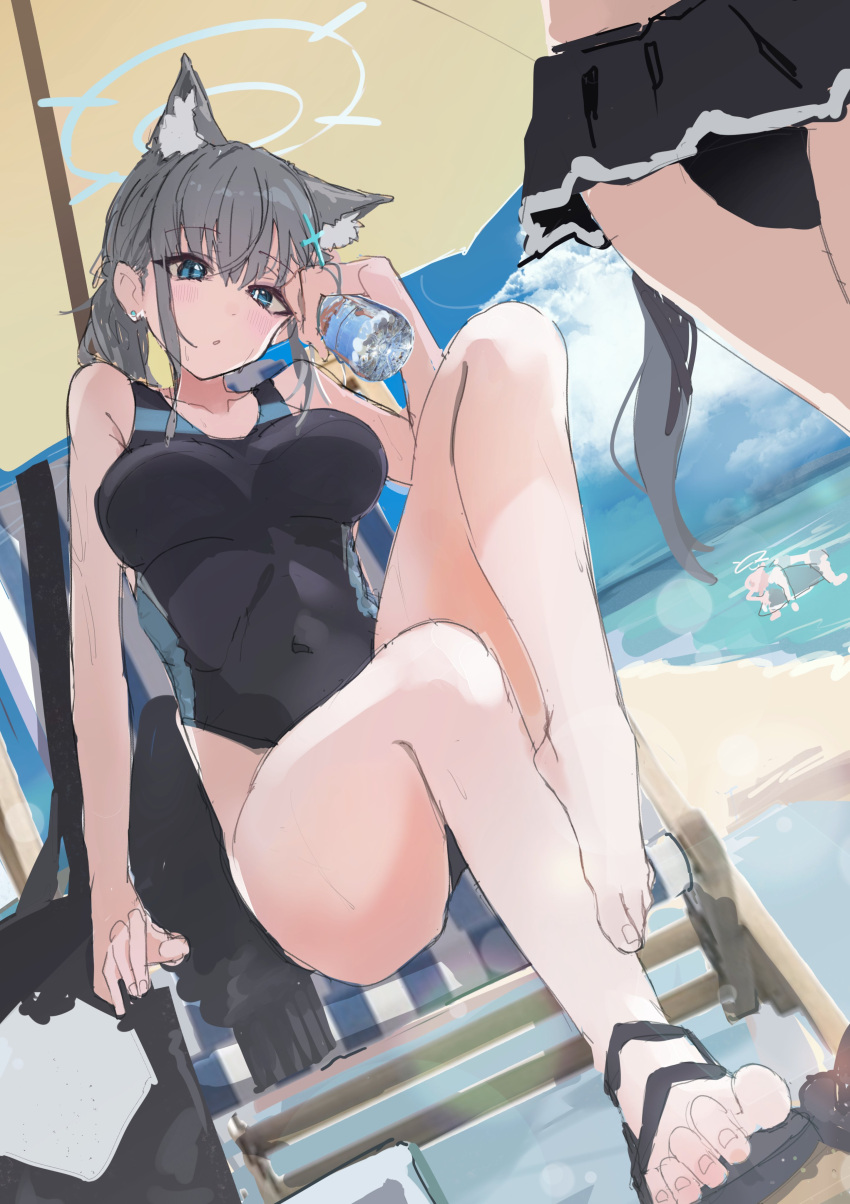 3girls absurdres animal_ear_fluff animal_ears bare_arms bare_legs beach beach_chair beach_umbrella black_one-piece_swimsuit blue_archive blue_eyes blue_sky bottle breasts cloud competition_swimsuit covered_navel earrings feet grey_hair halo head_tilt highres holding holding_bottle hoshino_(blue_archive) hoshino_(swimsuit)_(blue_archive) jewelry kilabo knee_up large_breasts legs looking_at_viewer medium_hair mismatched_pupils multiple_girls ocean one-piece_swimsuit sand sandals serika_(blue_archive) serika_(swimsuit)_(blue_archive) shiroko_(blue_archive) shiroko_(swimsuit)_(blue_archive) sketch sky solo_focus stud_earrings swimsuit toes umbrella water water_bottle wet wolf_ears wolf_girl