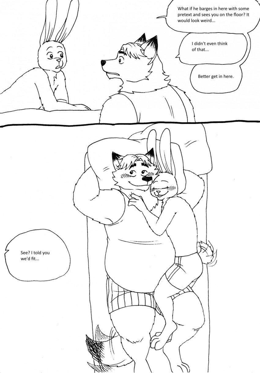 2023 anthro bed belly bernielover blush canid canine clothing comic dialogue disney duo embrace english_text eyes_closed fan_character fox furniture gideon_grey hi_res hug lagomorph leporid male mammal overweight overweight_male pillow rabbit shirt tail tail_motion tailwag text topwear underwear zootopia