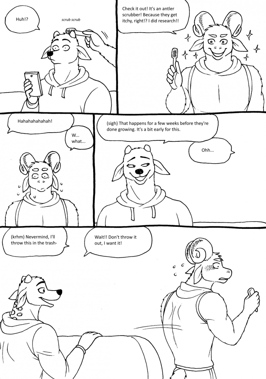 2023 5_fingers anthro bernielover bernielover's_college_au blush bodily_fluids bovid breasts brush brushing caprine cellphone clothed clothing comic deer dialogue duo english_text fingers fur hi_res hoodie male male/male mammal monochrome open_mouth open_smile phone smartphone smile speech_bubble sweat text topwear whitney_(bernielover)