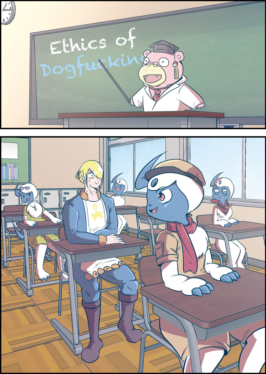 absol absurd_res anthro chalkboard classroom classroom_desk female generation_1_pokemon generation_3_pokemon group hi_res holowear_(pokemon) human locker male mammal nintendo pokemon pokemon_(species) pokemon_unite school slowbro tapirclip volo_(pokemon) zoophilia_pride_colors