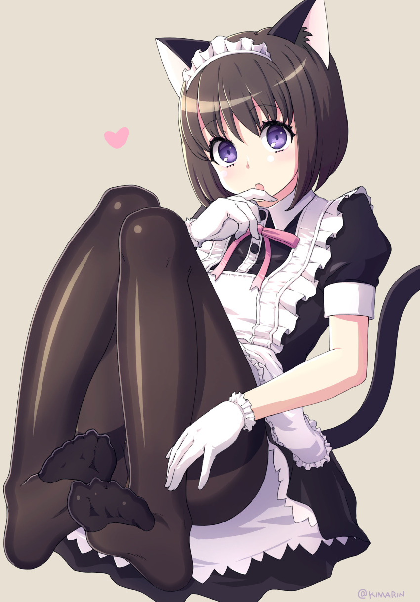 1girl absurdres animal_ears black_pantyhose cat_ears cat_tail gloves highres kimarin maid original pantyhose pink_ribbon ribbon tail thighband_pantyhose white_gloves