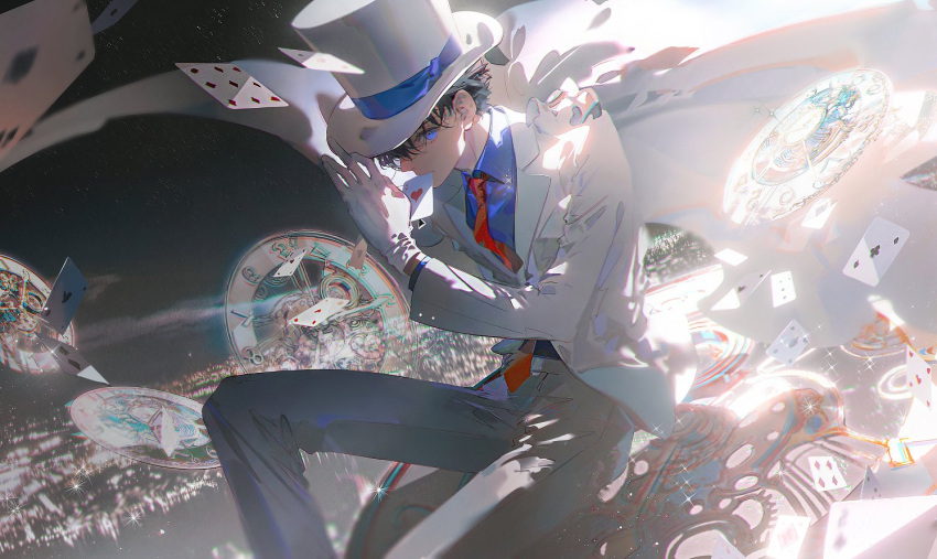 1boy black_hair blue_eyes blue_shirt cape card card_in_mouth clock collared_shirt formal gloves hat kaitou_kid meitantei_conan mian_lang mouth_hold necktie night night_sky pants playing_card red_necktie shirt short_hair sky solo star_(sky) starry_sky suit top_hat white_cape white_gloves white_headwear white_pants white_suit
